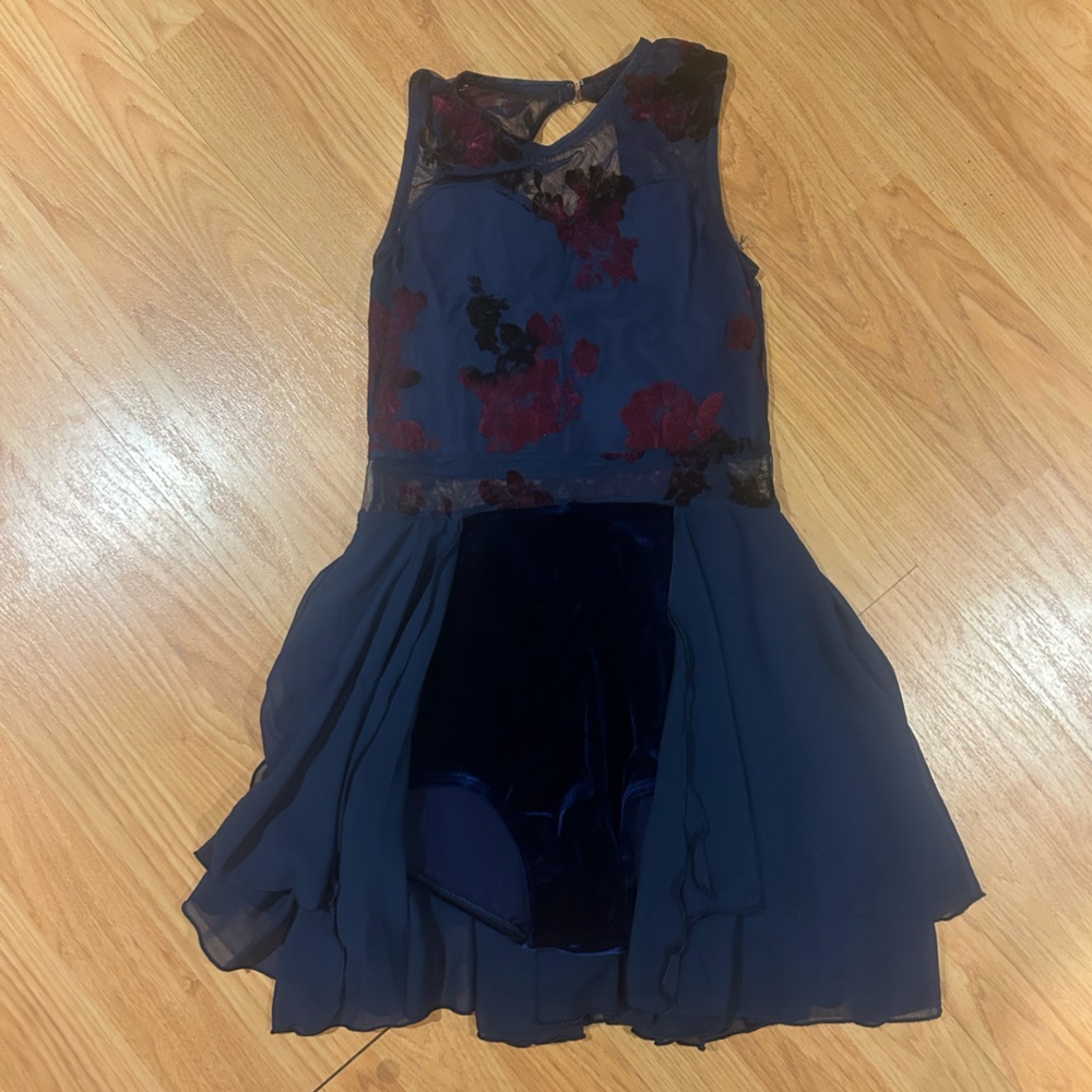 weissman velvet navy half skirt dance costume with red flower detailing